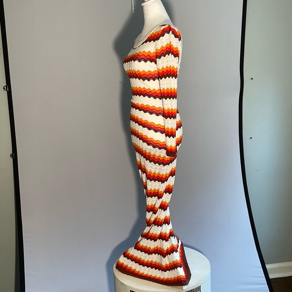 Bodycon Striking Striped Long Sleeve Crocheted Maxi Dress with Deep Scoop Back - Picture 6 of 16